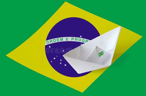 Brazil Flag Depicted On Paper Origami Ship Closeup Handmade Arts