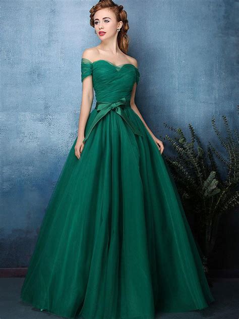 Hunter Green Prom Dresses A Line Off The Shoulder Sexy Cheap Prom Dres