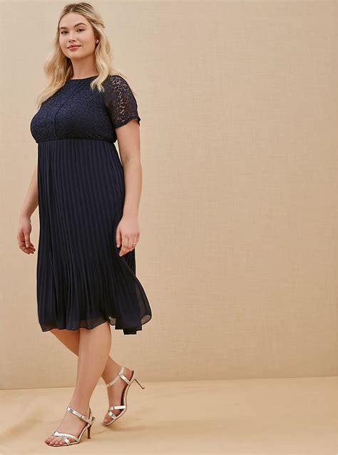 Plus Size Special Occasions Navy Lace And Chiffon Pleated Midi Dress