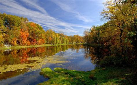 Hd Wallpaper River During Fall Calm Body Of Water Between Trees Over