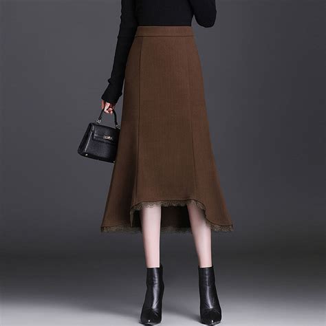 Women Autumn Winter New Irregular Woolen Skirts Female Midi Slim