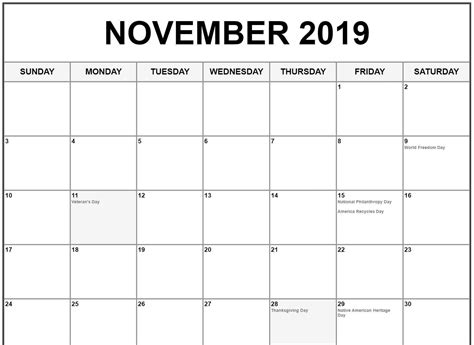 Blank November 2019 Calendar Holidays Calendar Printables Calendar
