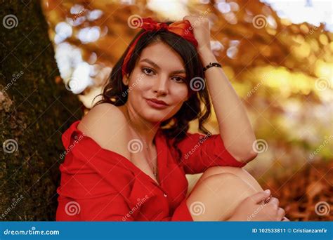 Beautiful Brunette Relaxes In Leaves Near A Tree Stock Image Image Of