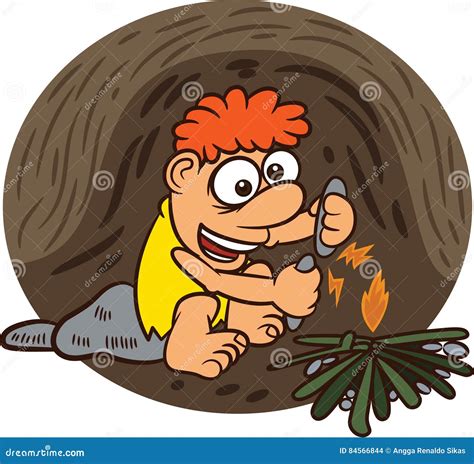 Caveman Making Fire With Stone Cartoon Stock Vector Illustration Of