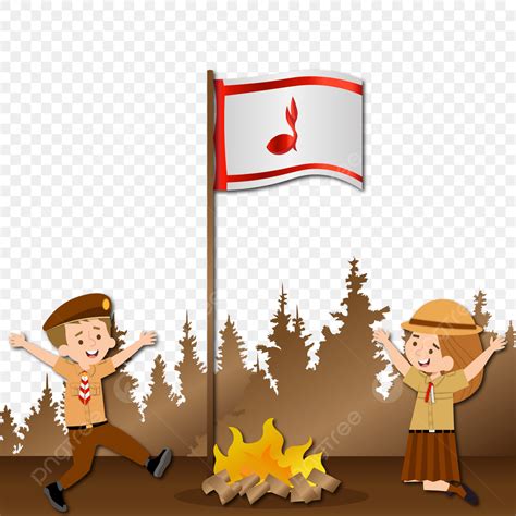 Hari Pramuka Dengan Api Unggun Dan Kartun Anak Sekolah Bendera Tunas