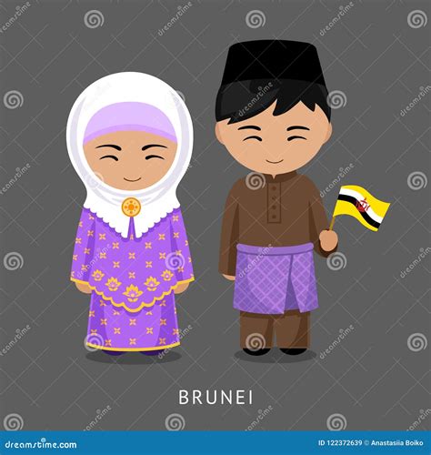 Cartoon Brunei Couple Wearing Traditional Costumes St