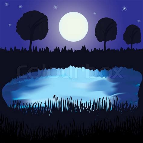 Night Landscape With Lake Full Moonreflection On Waterforest Stock