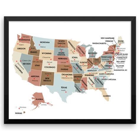 Usa Map With State Capitals Travel Map Poster Housewarming Etsy