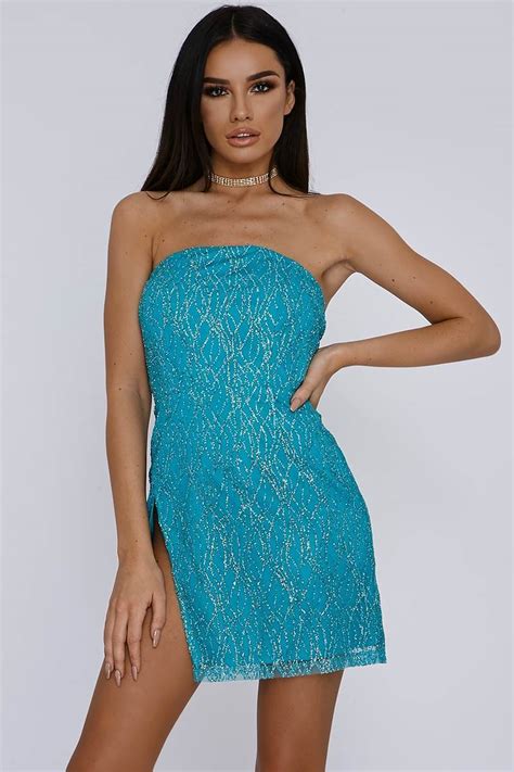 Turquoise Glitter Thigh Split Bandeau Mini Dress In The Style Ireland