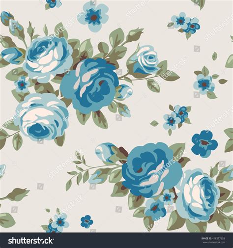 Seamless Pattern Blue Flowers Vintage Floral 库存矢量图（免版税） 418377958