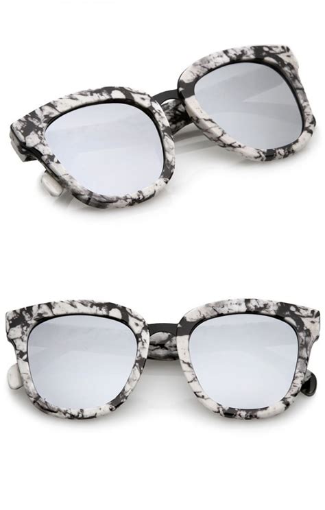 marble printed metal nose bridge trim wide temples mirrored flat lens horn rimmed sunglasses 50mm