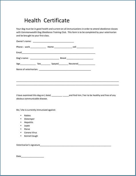 Printable Pet Health Certificate Template Printable Templates