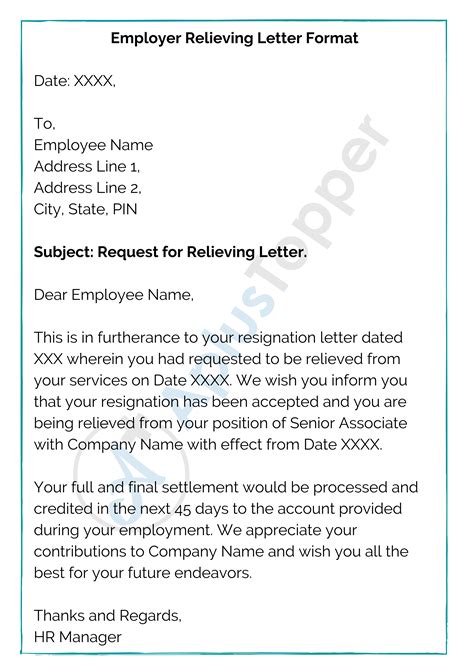 Employee Relieving Letter Format