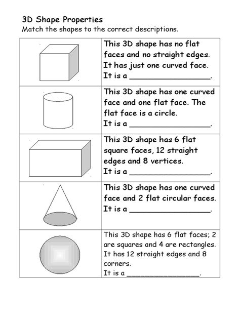 3d Shape Properties Match The Shapes To The Correct Descriptions Pdf
