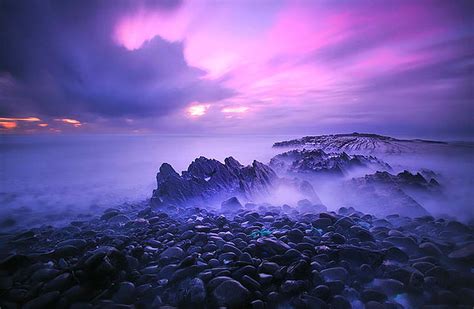 Evening Mists Beach Rocks Water Clouds Sky Pink Blue Mist Hd