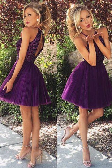 Sexy Open Back Homecoming Dress Purple Halter Beaded Short Prom Dress