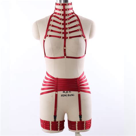 Womens Sexy Red Elastic Body Harness Lingerie Set Body Cage Bondage Harness Belt Goth Fetish