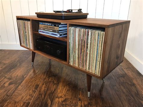 Ironck nightstand side tables living room, record player stand with storage shelf wood look industrial end table, mdf board with metal frame, brown. Solid walnut turntable console, record player cabinet ...
