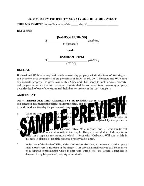 A good and thorough separation agreement will deal with child support, spousal support, parenting and the division of. Washington Community Property Survivorship Agreement | Legal Forms and Business Templates ...