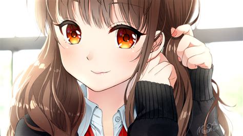 Download 2560x1440 Anime Girl Brown Hair Smiling Close