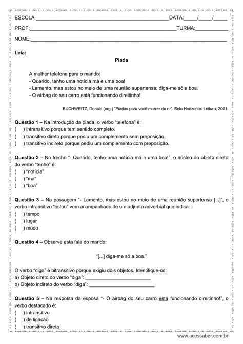 Interpretação De Texto Com Transitividade Verbal 7 Ano Texto Exemplo