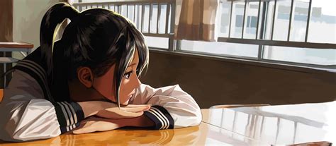 Download 3000x1312 Anime Girl Profile View Classroom School Girl
