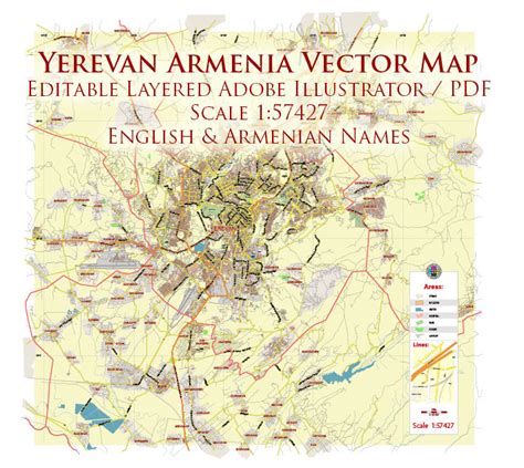 Yerevan Armenia Map Vector City Plan Low Detailed For Small Print Size
