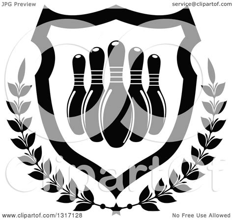 Clipart Of Black And White Bowling Pins In A Shield With A Star And