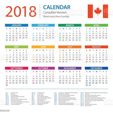 Calendar 2018 Canadian Version With Holidays Stock