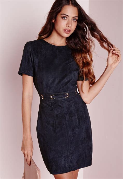 Missguided Faux Suede Lace Up Waist Shift Dress Navy Casual Day Dresses Cute Dresses Dresses