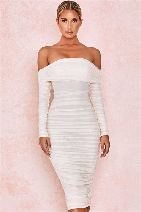 Cutesove Off Shoulder Ruched Mesh Bodycon Midi Cocktail Party Dress White Cutesove