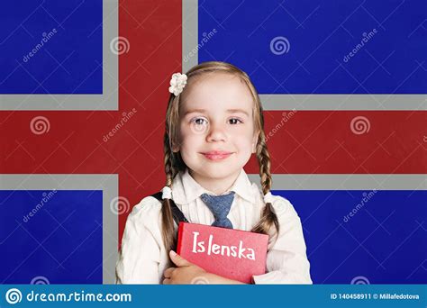 Little Girl Pupil With Book Against The Iceland Flag Background Learn