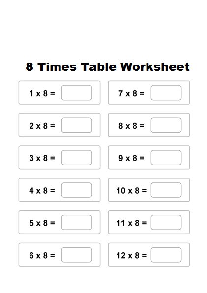 8 Times Table Worksheet Worksheets For Kindergarten