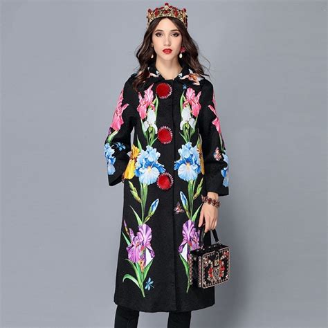 Womens Flower Floral Jacquard Vintage Warm Long Coat Outerwear