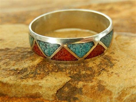Vintage Sterling Silver Native Amer Coral Turquoise Inlaid Men S Band