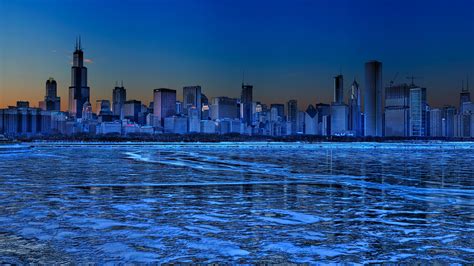 Chicago Skyline In The Blue Hour Wallpaper Backiee
