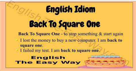Back to square one (or back at square one — the original saying) derives from football radio commentaries in the 1930s. Back To Square One - English Idioms Phrases and Proverbs ...