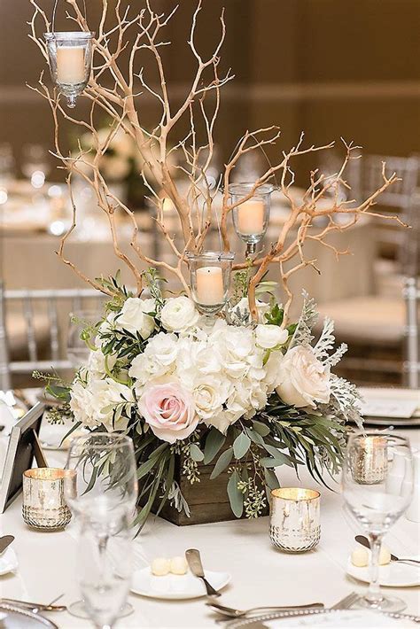 Rustic Wedding Centerpieces White Ruddy Roses And Branches With Candles