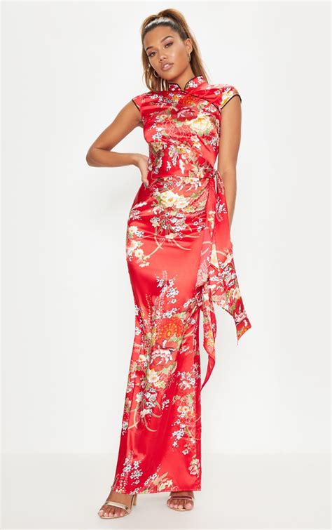 Red Oriental Print High Neck Maxi Dress Prettylittlething Usa