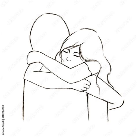 Hug Women And Someone In Line Art Drawing Illustration Love And Secure In Embrace Stock