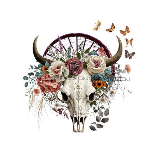 Cow Skull Butterflies Wagon Wheel Western PNG Western Cow Etsy