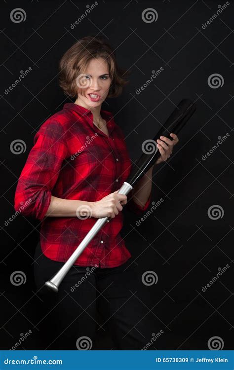 Model Red Flannel Shirt Scowling With Bat Stock Image Image Of