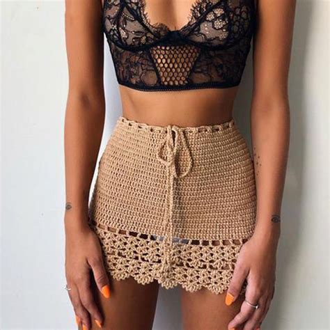 Elegant Hollow Out High Waist Lace Up Summer Skirt Handmade Cotton Crochet Holiday Beach