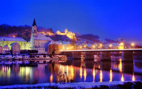 Germany, City, Church, Winter, River, Evening, Lights ...
