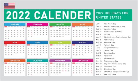 Calendario 2022 Para Estados Unidos Con Vacaciones 3123860 Vector En