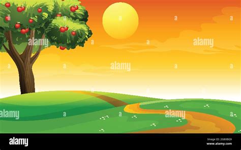 Blank Meadow Landscape Scene At Sunset Time Illustration Stock Vector