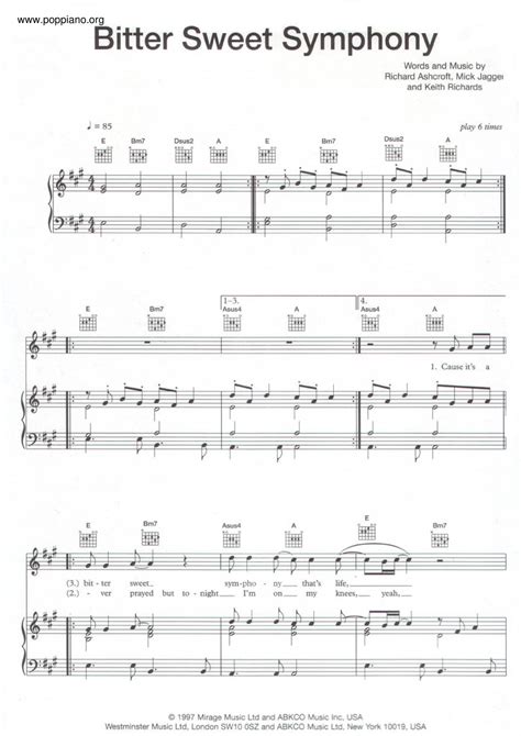 The Verve Bitter Sweet Symphony Sheet Music Pdf Free Score Download