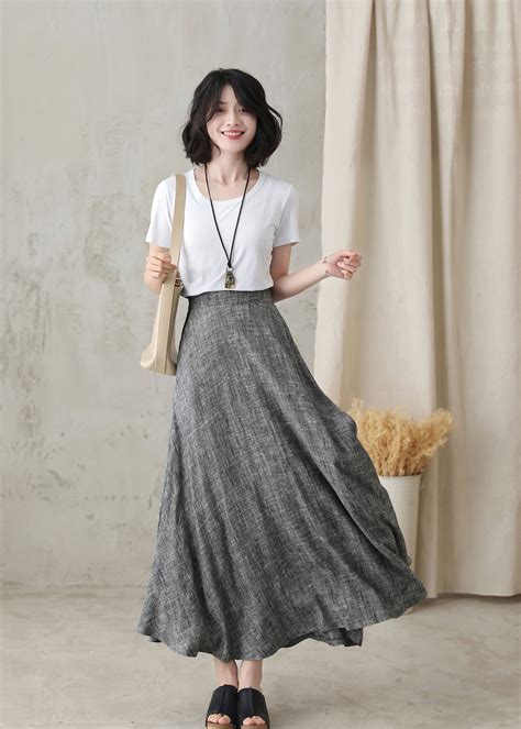 Long Linen Skirt Grey Linen Maxi Skirt With Pockets A Line Etsy