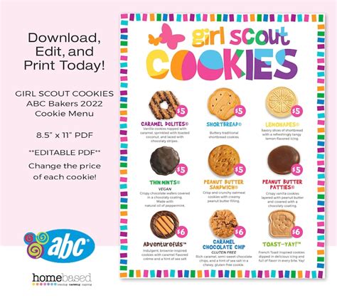 New Abc Girl Scout Cookie Menu Abc Bakers Cookie Menu Etsy