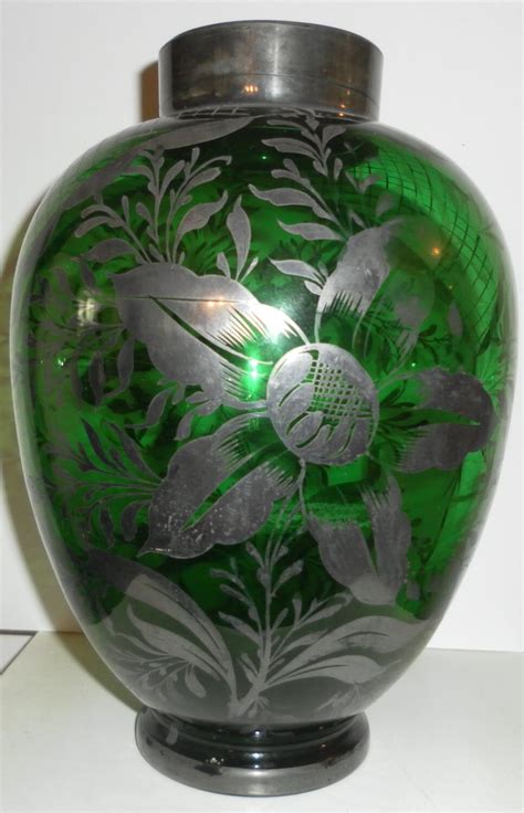 Vintage Silver Overlay Green Glass Vase Etsy